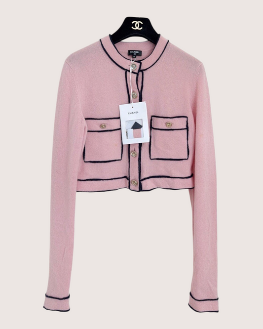 Chanel 21S Cashmere Cropped Cardigan Pink, Navy FR 36