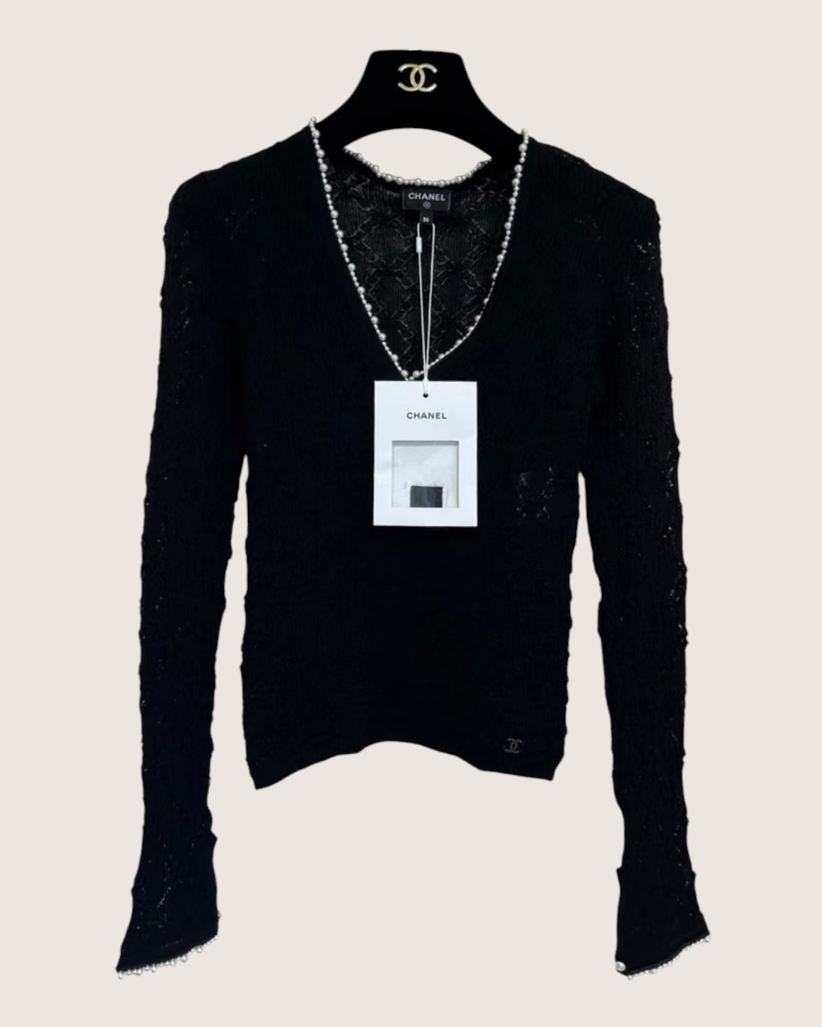 Chanel 22B 22C Pearl-Trim V-Neck Wool Sweater
