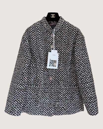 Chanel 23A Sequin Chevron Tweed Jacket Black, White, Multicolor FR 34
