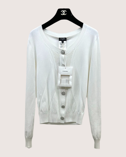 Chanel 24B Openwork-Panel Cardigan White FR 38