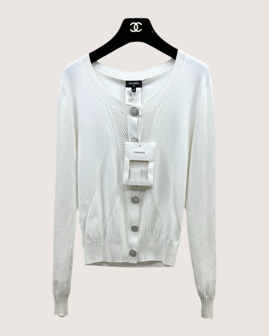 Chanel 24B Openwork-Panel Cardigan White FR 38