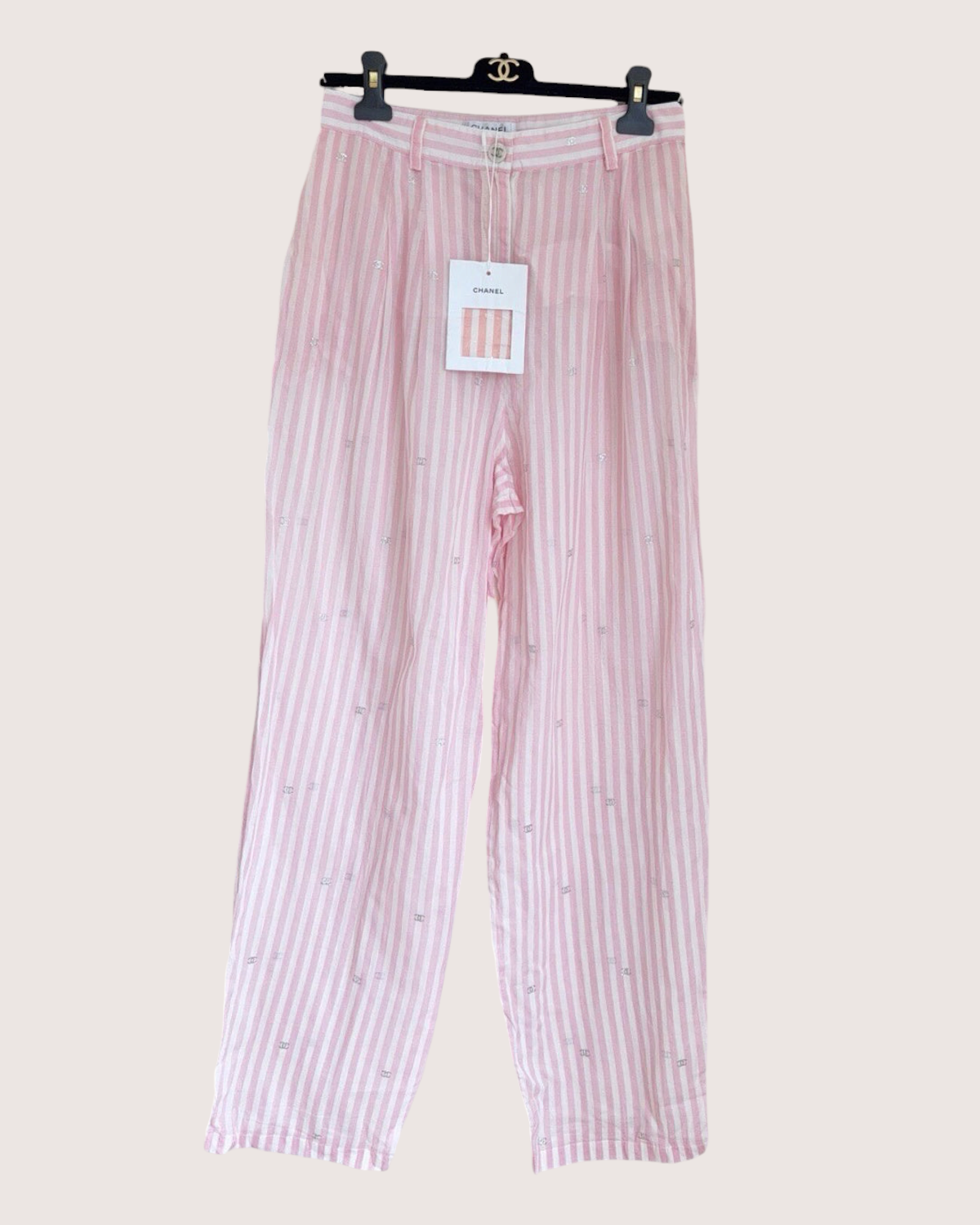Chanel 24M Coco Beach Striped Logo Trousers Pink, White FR 38