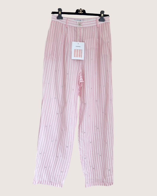 Chanel 24M Coco Beach Striped Logo Trousers Pink, White FR 38