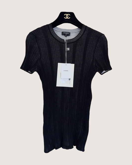 Chanel 26M Coco Beach CC Ribbed Short-Sleeve Top Black FR 40