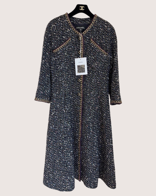 Chanel 21A Sequin Tweed Chain-Trim Coat Black, Purple FR 38