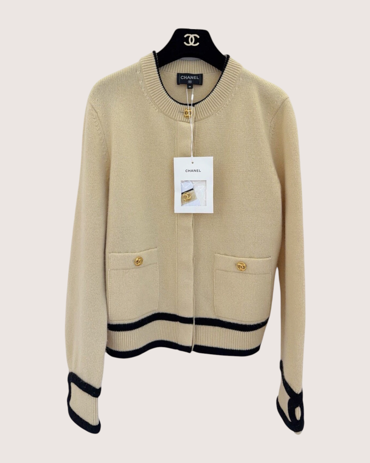 Chanel 26S Contrast-Trim Cashmere Cardigan Beige/Ecru, Black FR 36