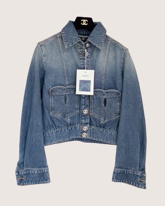 Chanel 24P Heart-Pocket Denim Jacket Blue FR 38