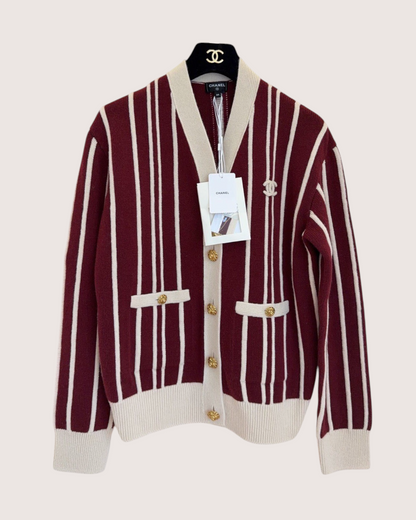 Chanel 26B Cashmere Striped Cardigan Burgundy, Beige/Ecru FR 34