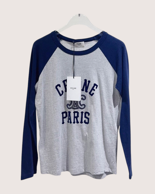 Celine Long-Sleeve Logo T-Shirt Grey, Navy FR 36