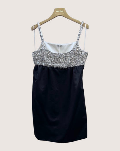 Miu Miu Crystal Strappy Mini Dress Black, White, Silver FR 38