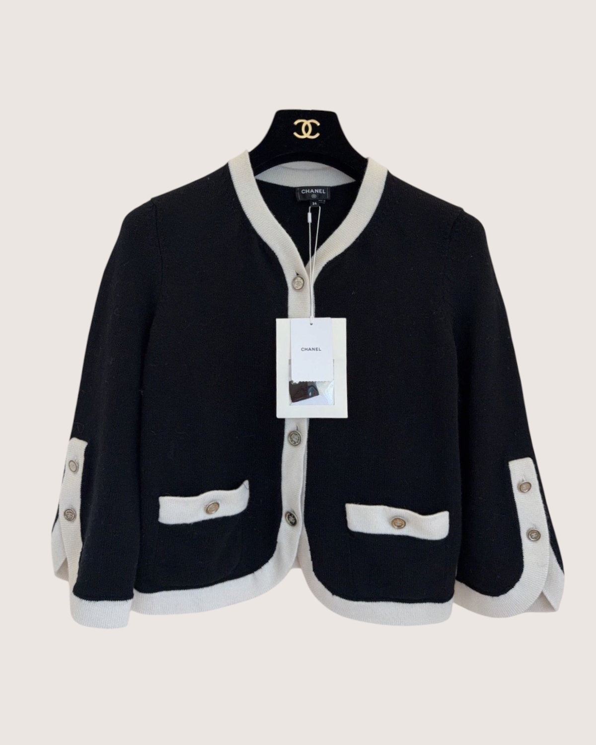 Chanel 25C Cashmere Contrast-Trim Cardigan Black, Beige/Ecru FR 34