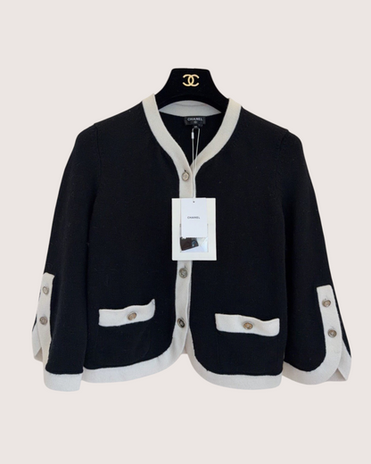 Chanel 25C Cashmere Contrast-Trim Cardigan Black, Beige/Ecru FR 34