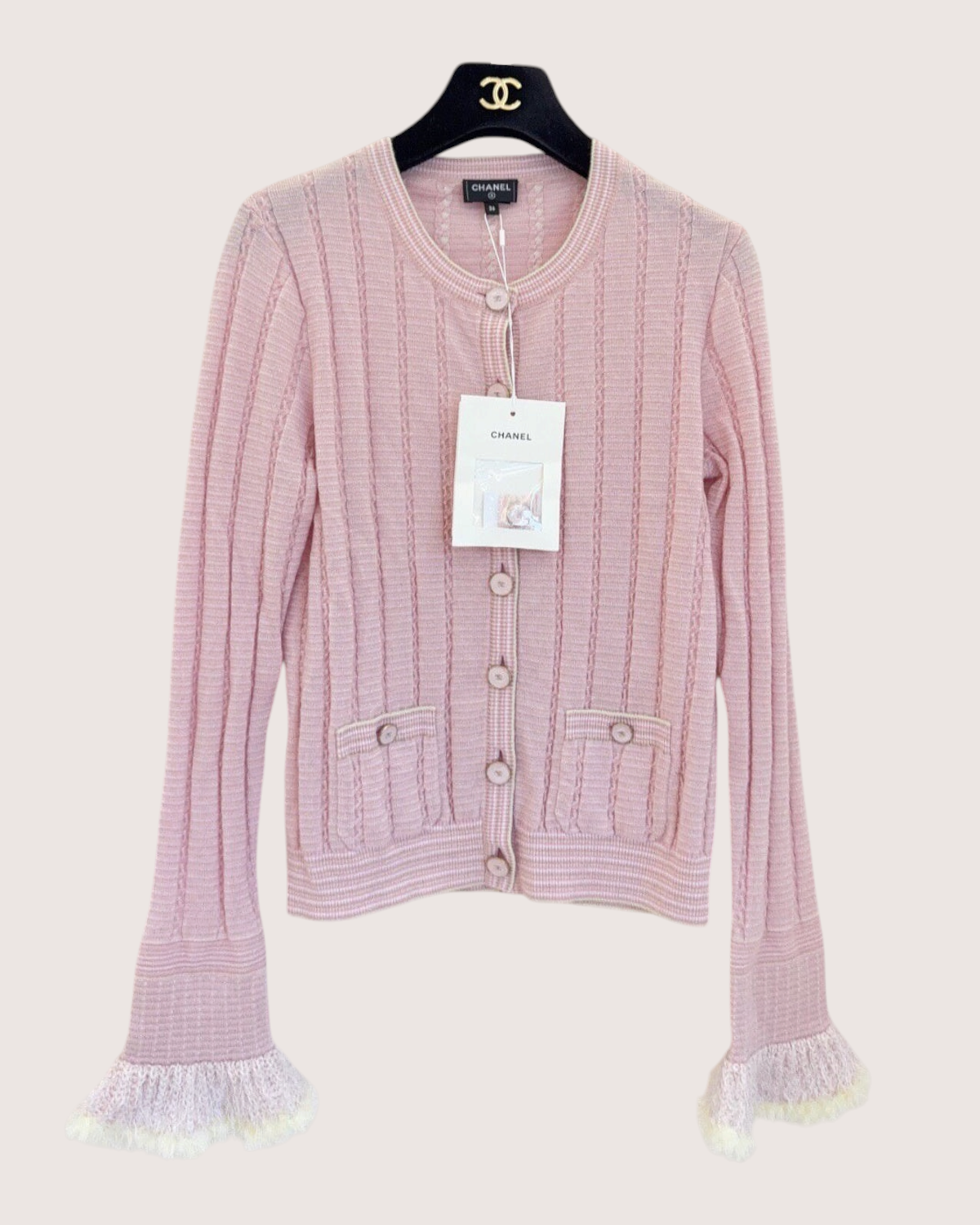 Chanel 25B Cashmere Feather-Trim Cardigan Pink, White FR 36