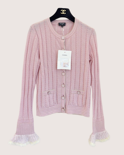 Chanel 25B Cashmere Feather-Trim Cardigan Pink, White FR 36