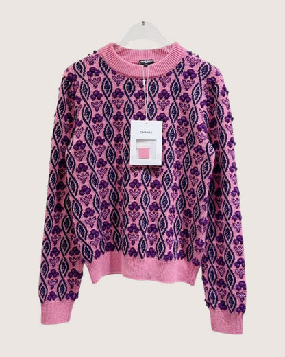 Chanel 22K Cashmere Textured Floral Sweater Pink, Purple, Multicolor FR 34