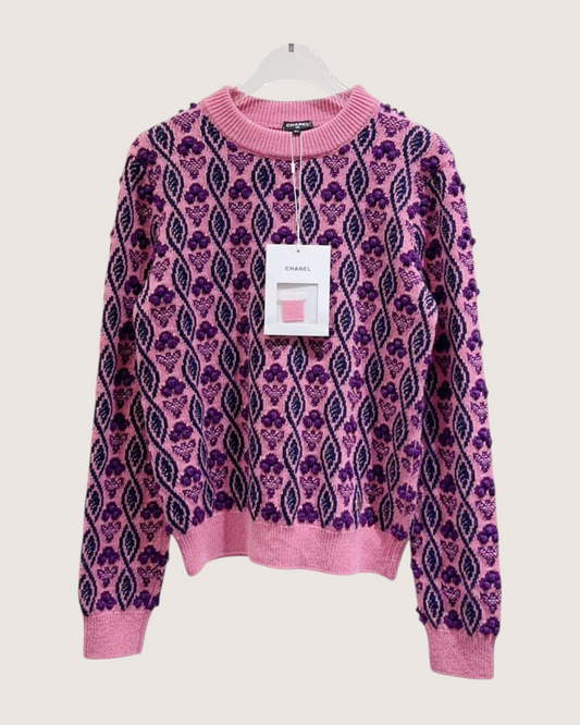 Chanel 22K Cashmere Textured Floral Sweater Pink, Purple, Multicolor FR 34