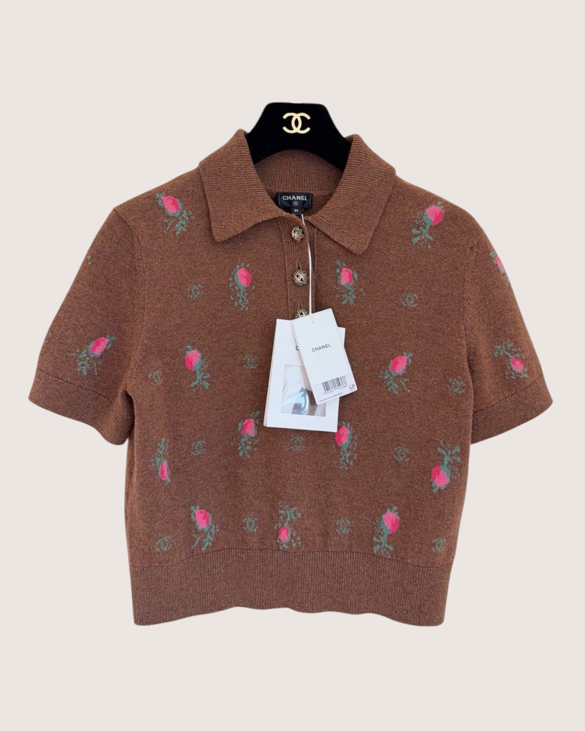 Chanel 22K Cashmere Floral Short-Sleeve Polo Sweater Brown, Pink, Green FR 36