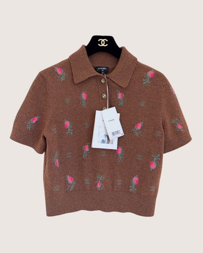 Chanel 22K Cashmere Floral Short-Sleeve Polo Sweater Brown, Pink, Green FR 36
