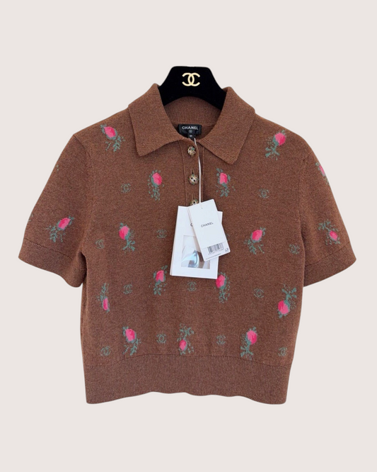 Chanel 22K Cashmere Floral Short-Sleeve Polo Sweater Brown, Pink, Green FR 36