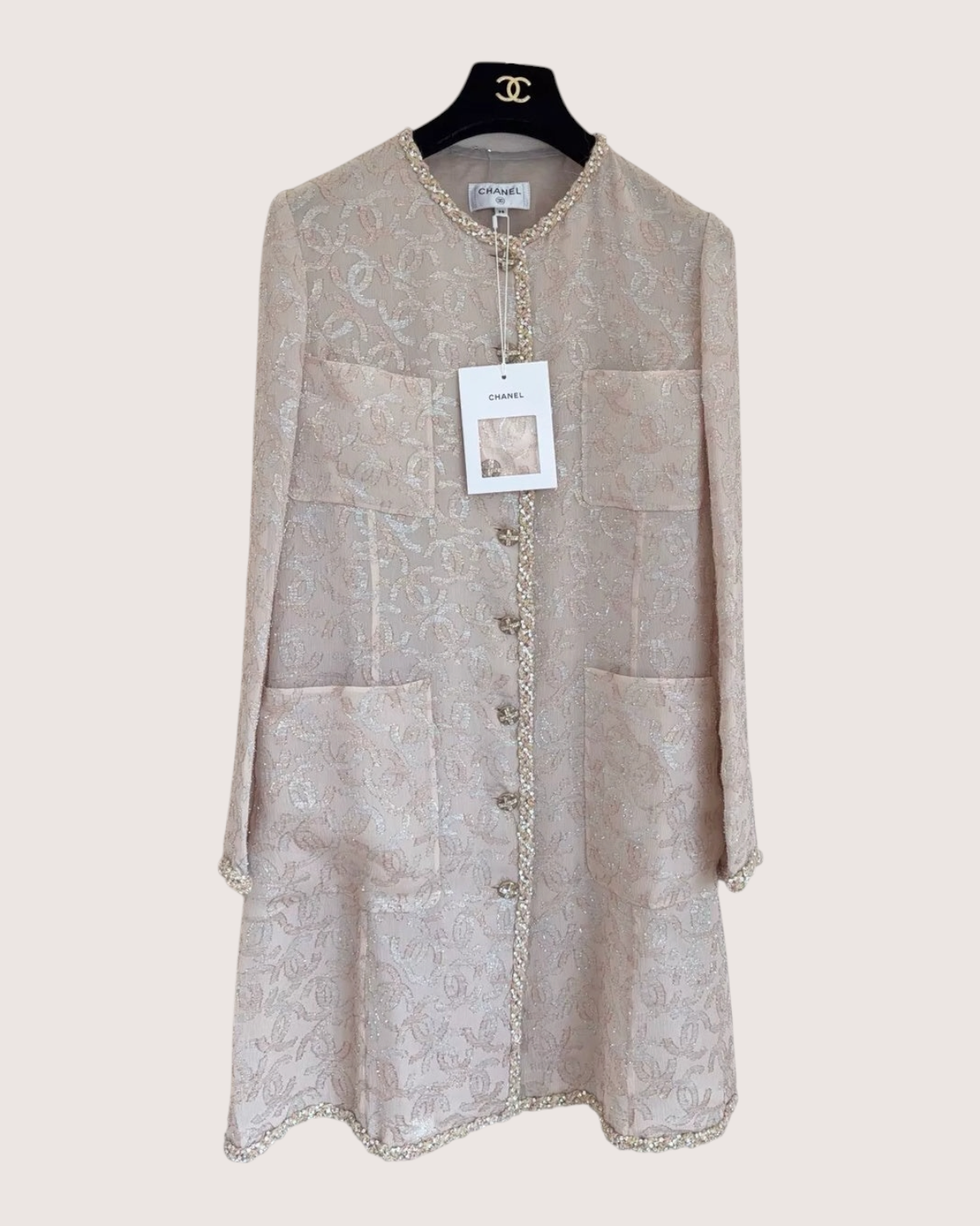 Chanel 23P Crystal-Trim Silk Coat Beige/Ecru, Pink FR 38