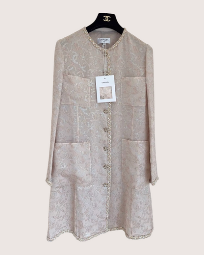 Chanel 23P Crystal-Trim Silk Coat Beige/Ecru, Pink FR 38