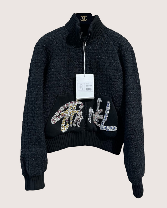 Chanel 22A Crystal-Embellished Zip-Up Tweed Jacket Black FR 34