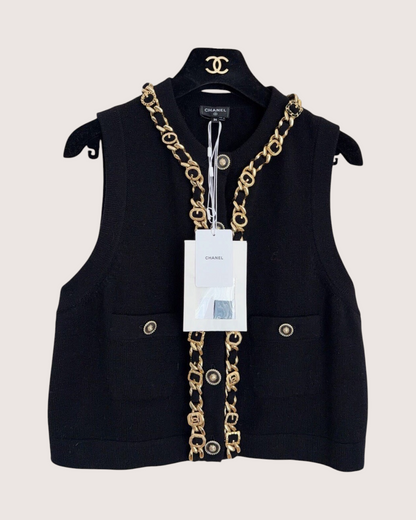 Chanel 24A Cashmere Chain-Trim Vest Black, Gold FR 36