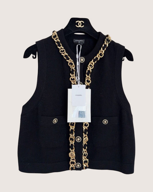 Chanel 24A Cashmere Chain-Trim Vest Black, Gold FR 36