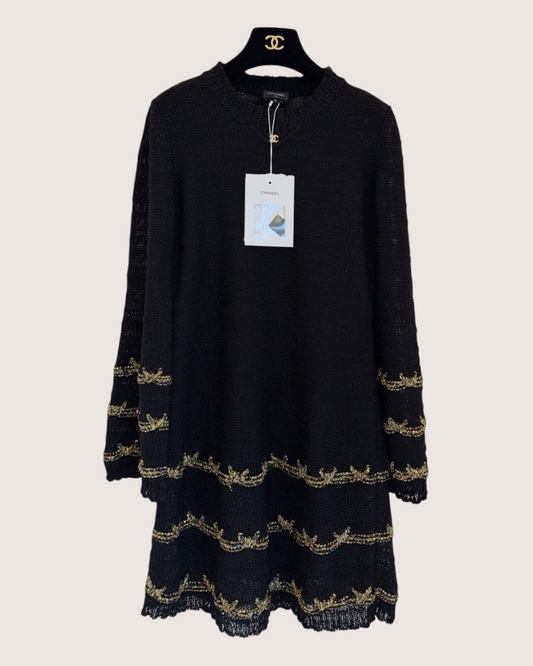 Chanel 25A Wool Embroidered Mini Dress Black, Gold FR 36