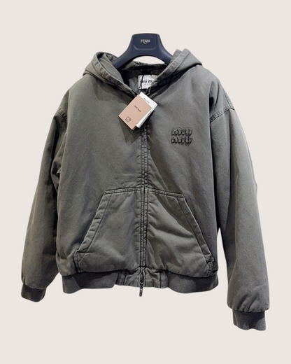 Miu Miu Hooded Zip-Up Jacket Grey FR 34