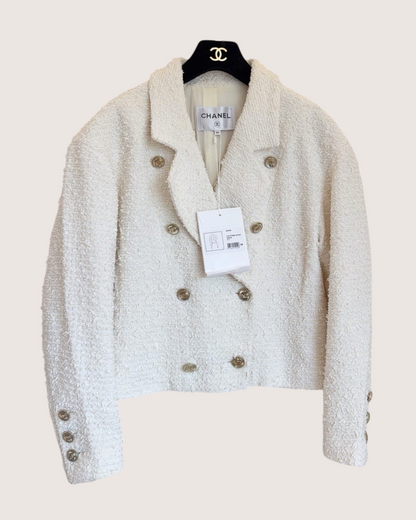 Chanel 21S Double-Breasted Tweed Jacket Beige/Ecru FR 34