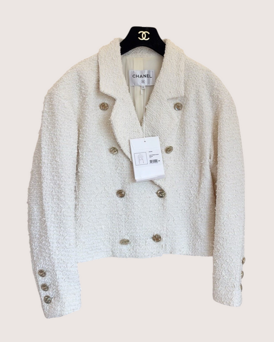 Chanel 21S Double-Breasted Tweed Jacket Beige/Ecru FR 34