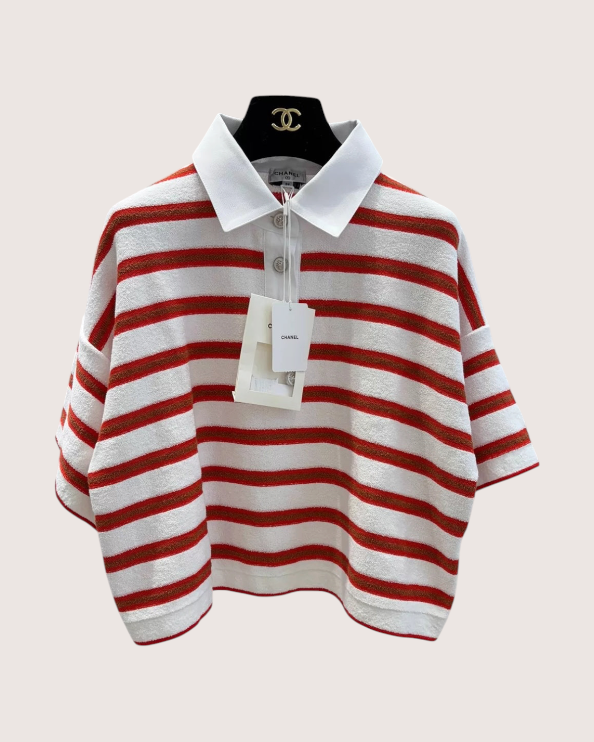 Chanel 26C Striped Short-Sleeve Polo Top White, Red, Brown FR 36