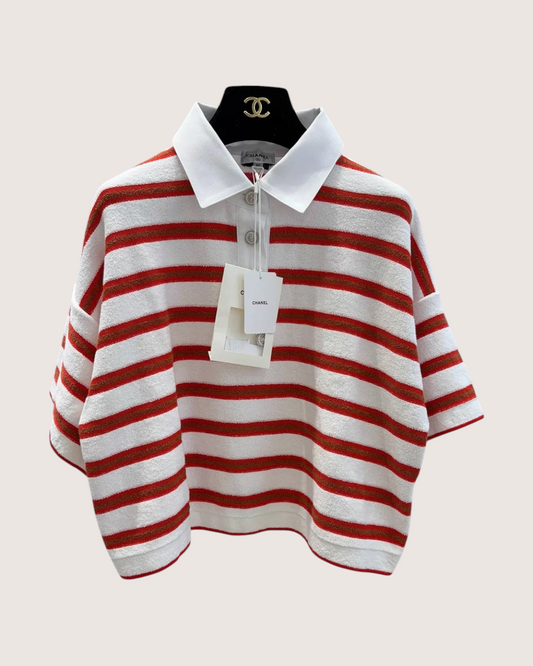 Chanel 26C Striped Short-Sleeve Polo Top - White, Red, Brown