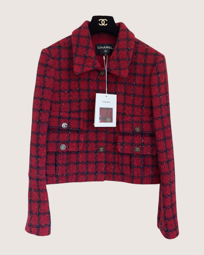 Chanel 22K Checked Tweed Collared Jacket Red, Navy FR 36