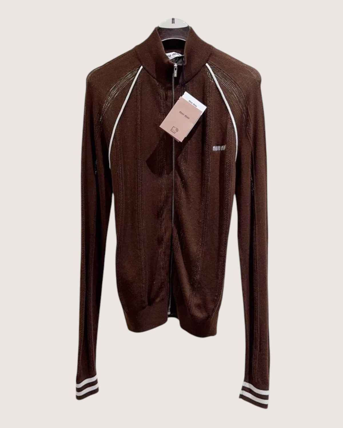 Miu Miu Striped Zip-Up Cardigan Brown, White FR 36