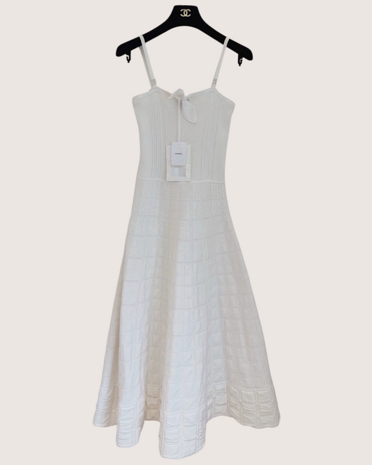 Chanel 25B Bow Checked Strappy Maxi Dress White FR 36