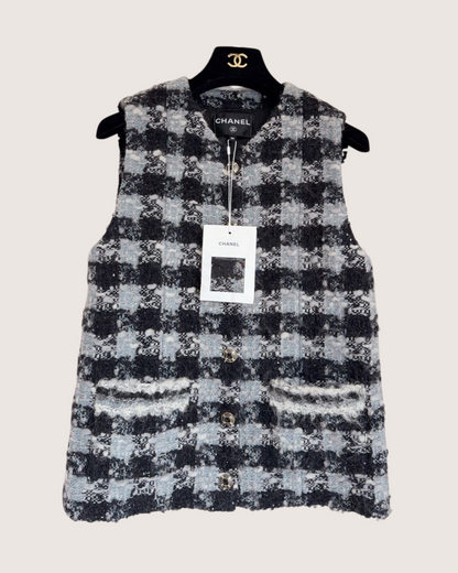 Chanel 25N Coco Neige Checked Tweed Vest Black, Blue, White FR 38