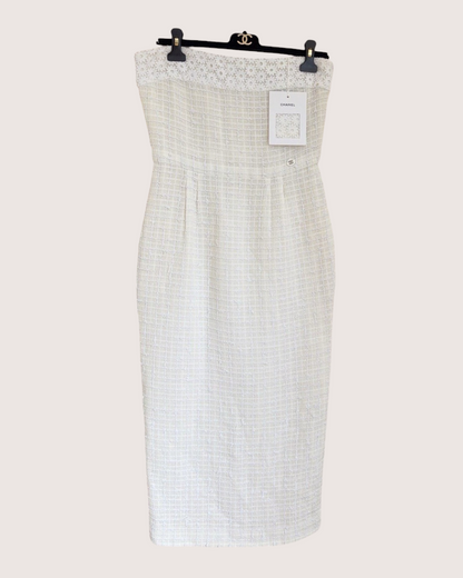Chanel 21C Tweed Strapless Openwork Mid-Length Dress Beige/Ecru, White FR 40