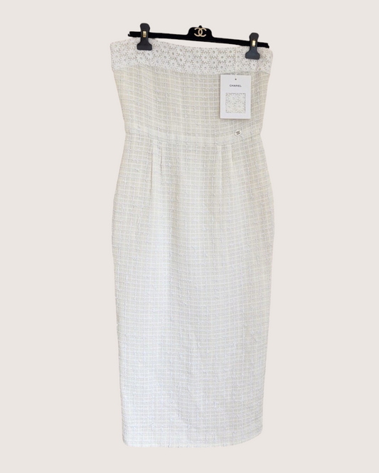 Chanel 21C Tweed Strapless Openwork Mid-Length Dress Beige/Ecru, White FR 40