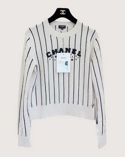 Chanel 23P Cashmere Striped Logo Sweater White, Black FR 38