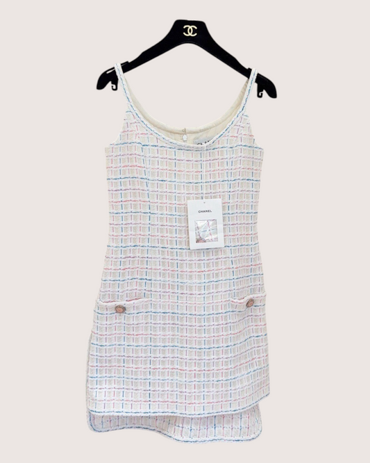 Chanel 22S Tweed Mini Dress Beige/Ecru, Pink, Blue, Multicolor FR 34