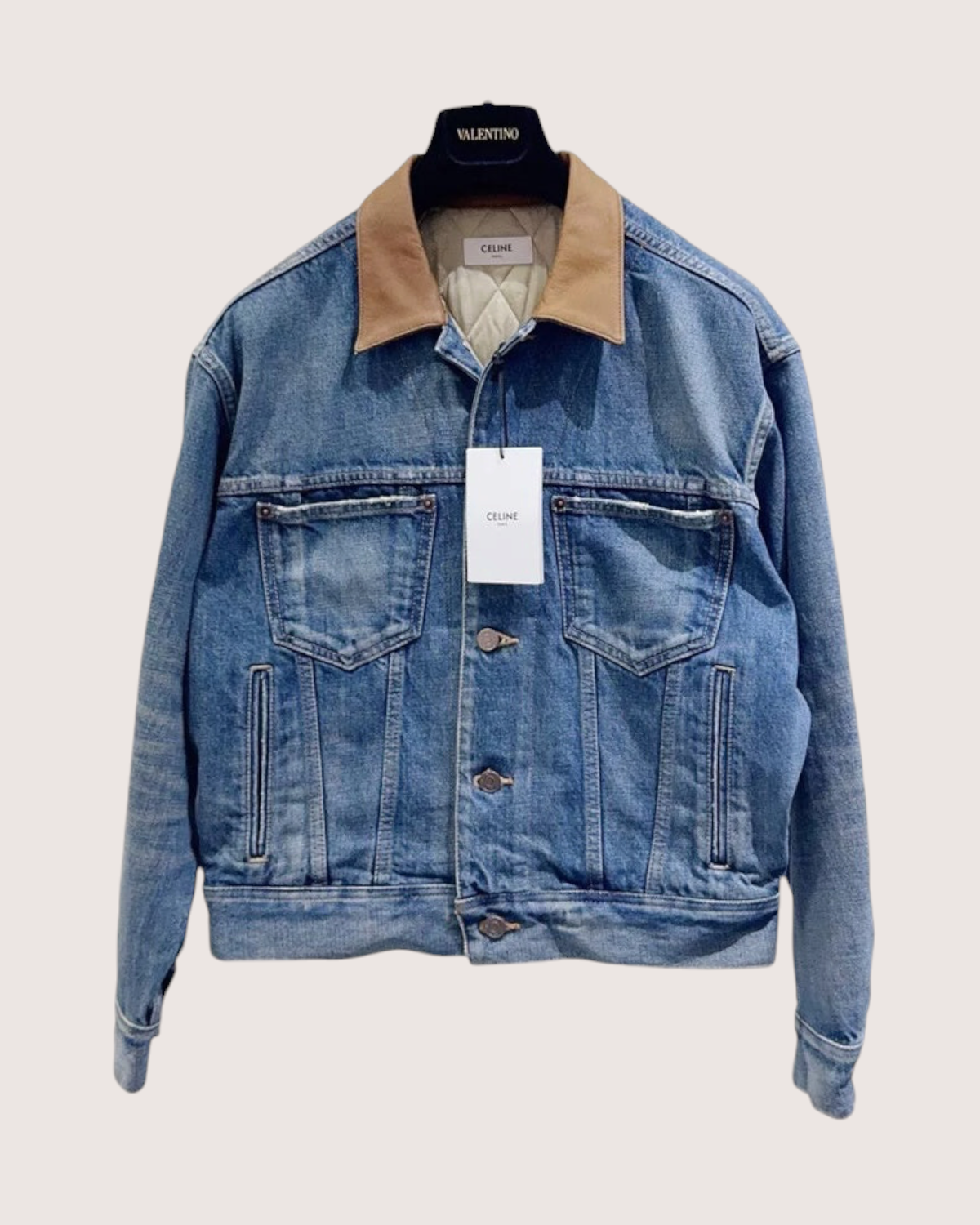 Celine Leather-Collar Denim Jacket Blue, Brown FR 34