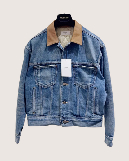 Celine Leather-Collar Denim Jacket Blue, Brown FR 34