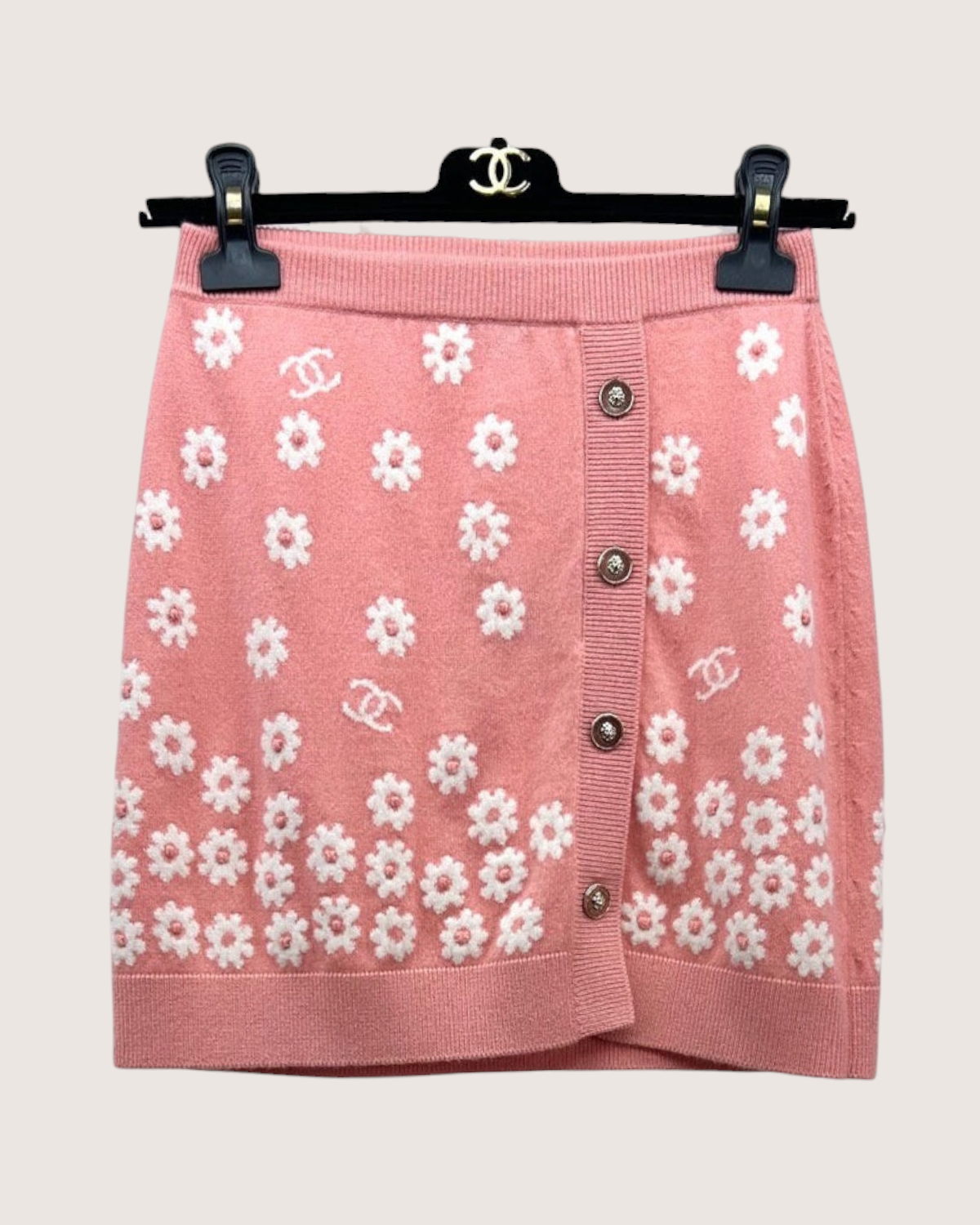 Chanel 22P Cashmere Floral CC Mini Skirt Pink, White FR 34