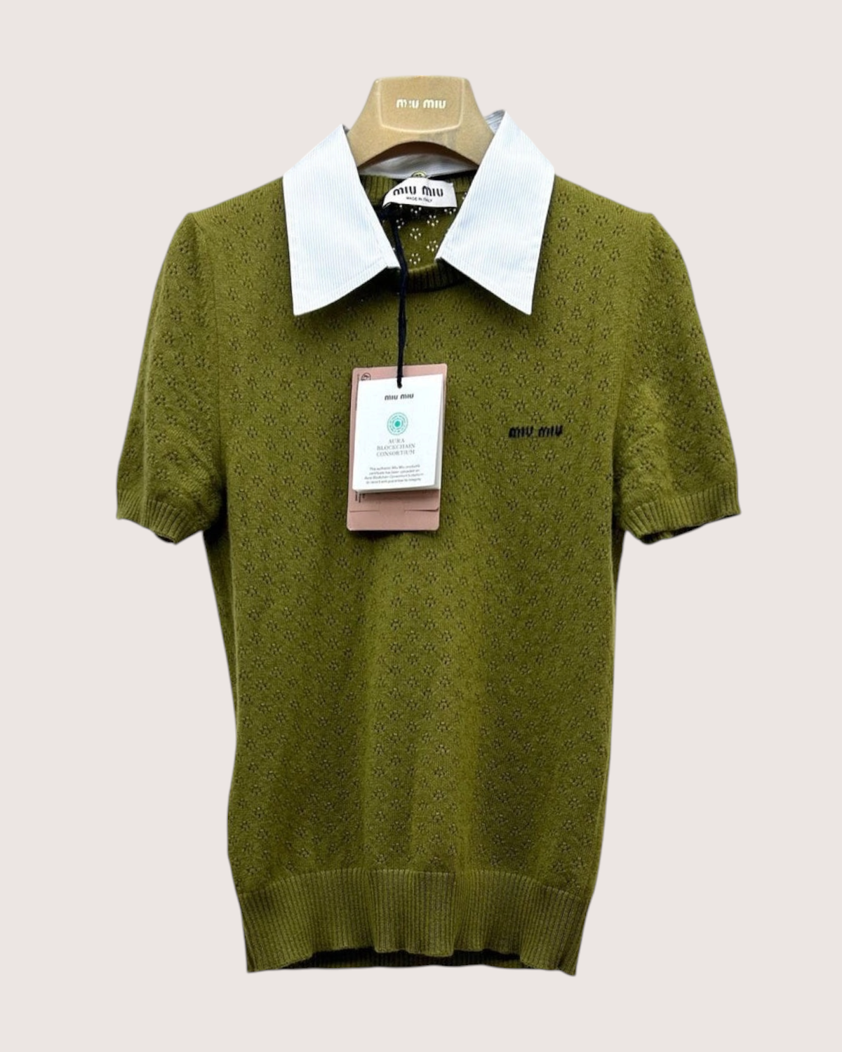 Miu Miu Collared Cashmere Short-Sleeve Sweater Green, White