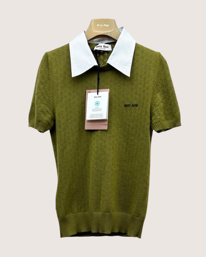 Miu Miu Collared Cashmere Short-Sleeve Sweater Green, White