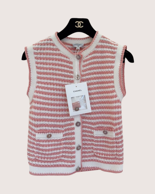 Chanel 22P Striped Vest Pink, White FR 34