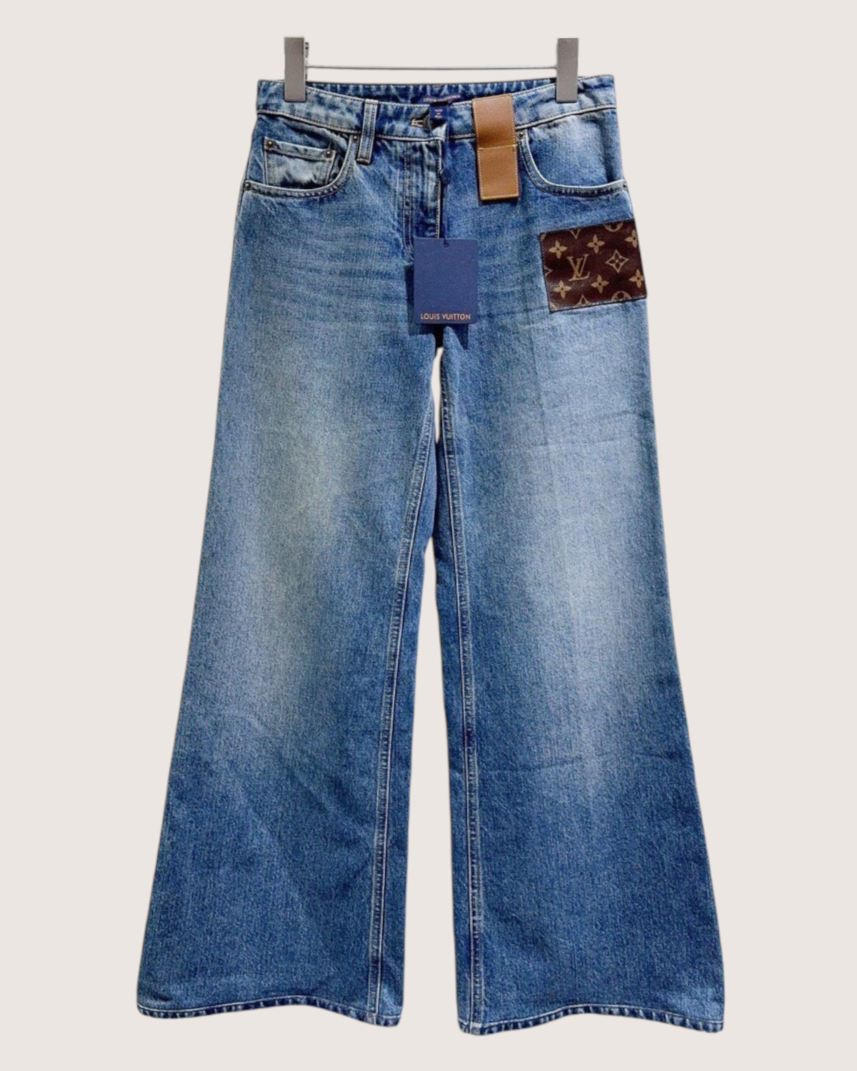 Louis Vuitton Monogram-Patch Wide-Leg Denim Jeans Blue, Brown FR 34
