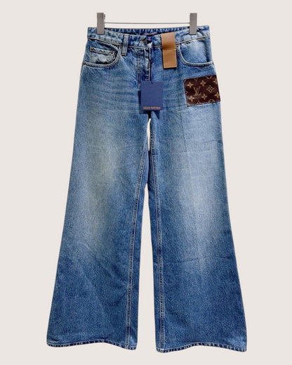 Louis Vuitton Monogram-Patch Wide-Leg Denim Jeans Blue, Brown FR 34